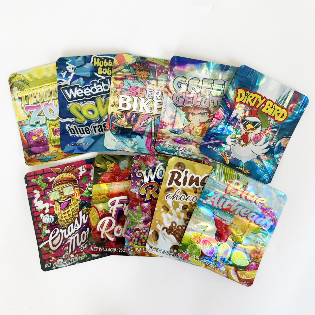 Empty 3.5g cartoon candy mylar bags - 10 assorted holographic designs